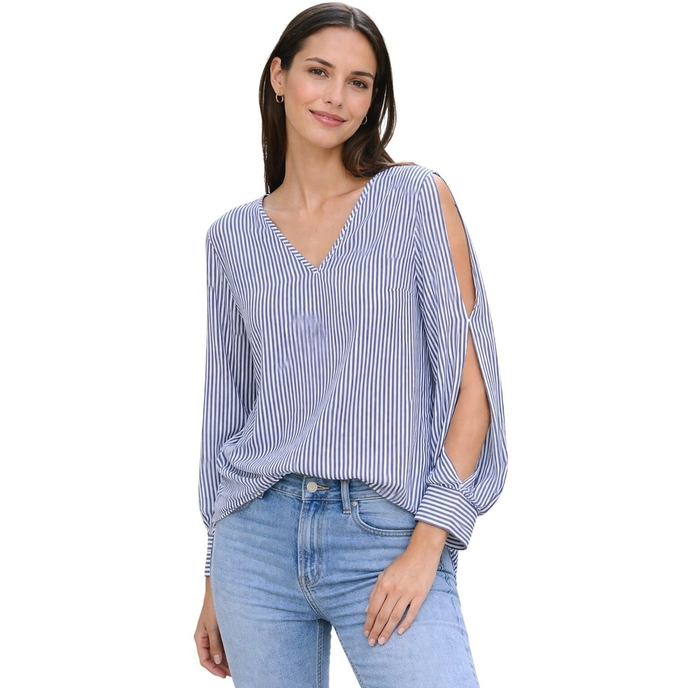 Banana Republic Blue White Striped Open Sleeve V Neck Blouse Coastal Chic Size M